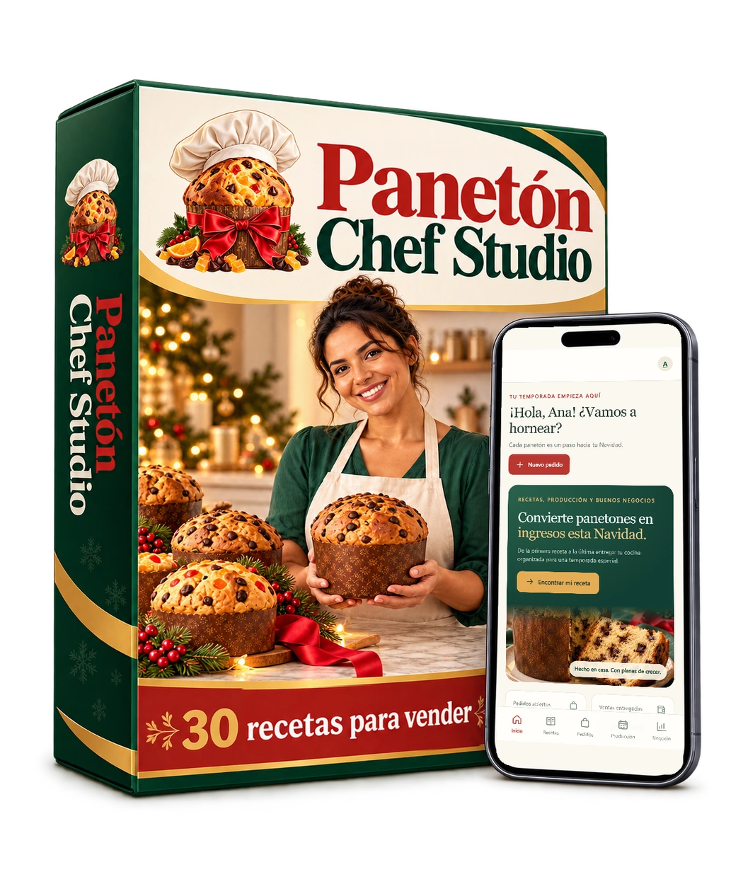 Caja del producto Panetón Chef Studio con la aplicación en el celular