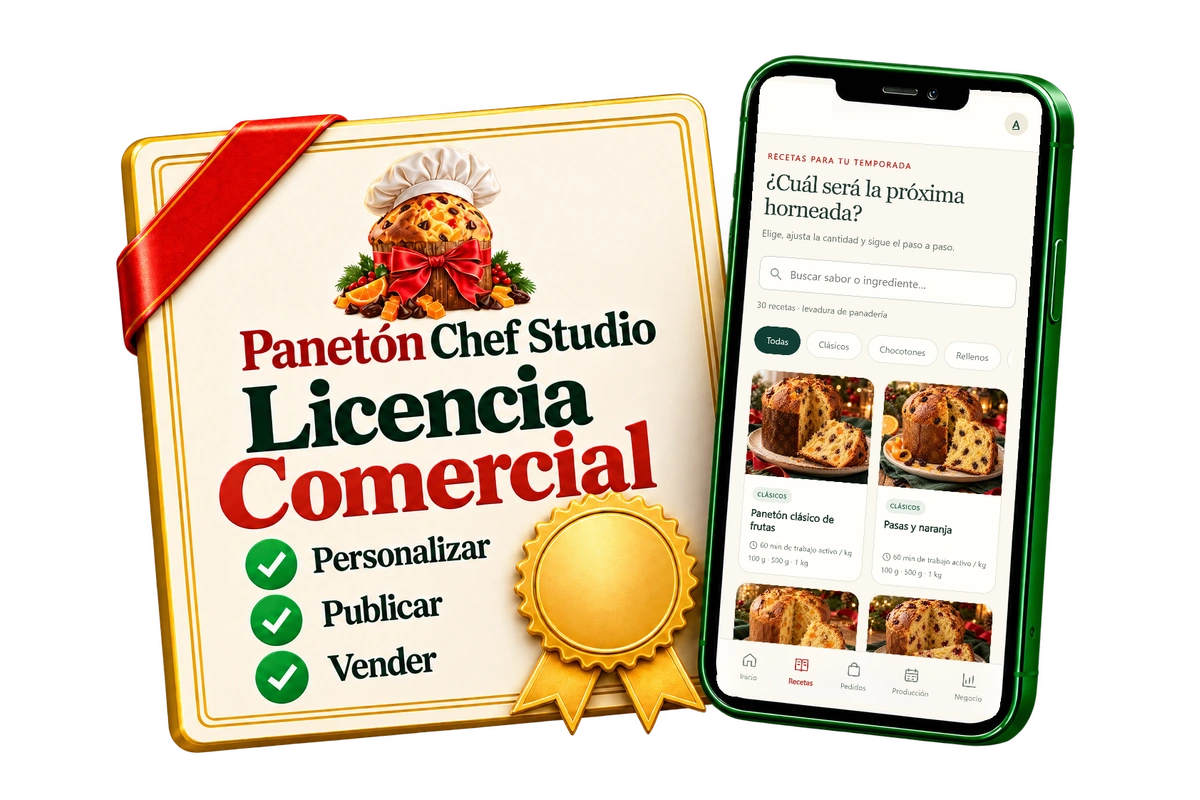 Certificado de licencia comercial del Panetón Chef Studio al lado de la aplicación en el celular